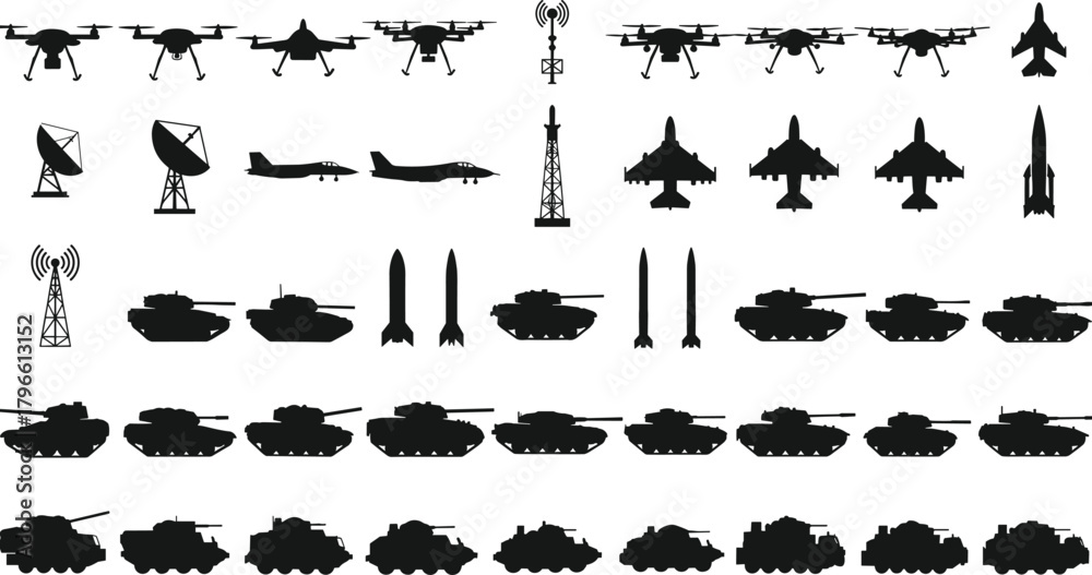 Fototapeta premium Military silhouette set, drone icons, jet aircraft, tanks, missiles, communication towers, satellite dishes, armored vehicles, war machines, black design