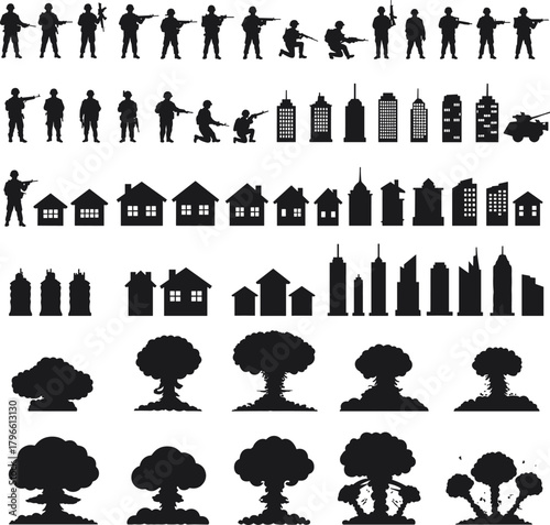 Human silhouettes, city buildings, tree shapes, explosion clouds, urban warfare, combat poses, architecture icons, environmental impact, dramatic scene, destruction