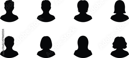 Human head silhouettes, diverse profiles, hairstyle icons, avatar templates, gender-neutral design, identity concept, anonymous figures, black outline, minimal style