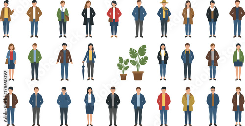 Diverse character illustration, people in outfits, accessories, potted plants, urban crowd, flat design, storytelling asset, vector people set