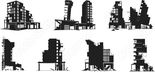 Damaged buildings, earthquake aftermath, urban destruction, collapsed structures, disaster zone, emergency response, war ruins, architectural failure, debris, broken cityscape