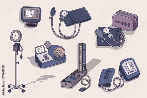 Collection of various blood pressure measurement devices including digital, manual, aneroid, wrist, mercury, and automated sphygmomanometers for medical use