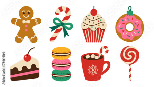 Festive Delights: A colorful array of sweet treats perfect for the holidays, evoking a sense of warmth, joy, and indulgence. Featuring gingerbread man, candy cane, cupcake, doughnut, piece of cake.