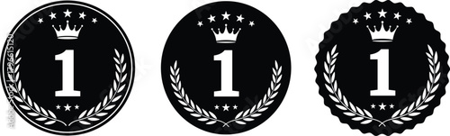 Number one badge, crown and laurel wreath, first place emblem, excellence award design, ranking victory symbol, achievement honor medal, flat vector