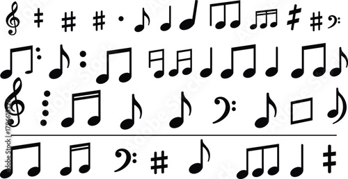 Music symbols collection, treble clef, bass clef, sharp, flat, notes, rests, time signature, dotted notes, repeat sign, bar line, notation