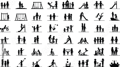 Playground children silhouettes, kids playing outdoor activities, swinging, sliding, climbing, biking, ball games, family fun, parent child interaction, recreation, teamwork