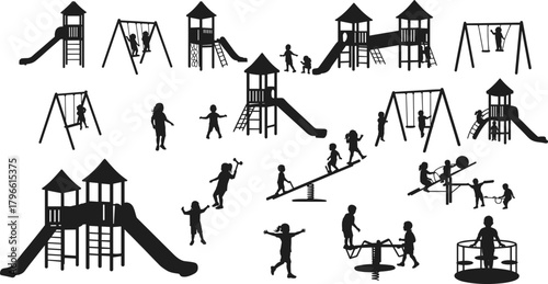 Playground icons, children playing silhouettes, kids playground icons, outdoor play icons, swing icons, slide icons, climbing icons, seesaw icons, merry-go-round icons