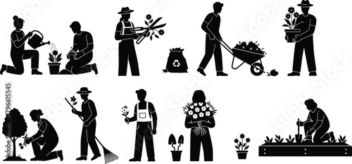 Silhouette people gardening activities, planting watering trimming harvesting, teamwork outdoor lifestyle illustration, sustainable garden work artwork, black outline design vector -flat vector