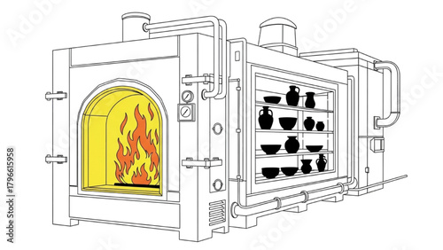 High-quality black continuous line art of kiln with visible flames and pottery firing, technical industrial illustration on white background