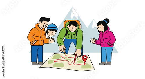 Group Of Travelers Planning Hike Adventure, Studying Map For Mountain Climbing  Journey