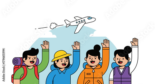 Group Of Travelers Wave Farewell To Airplane And Initiate Adventurous Journey