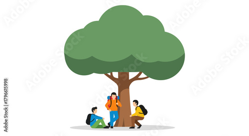 Group of Trekkers Resting During Their Hiking Expedition Under Lush Canopy