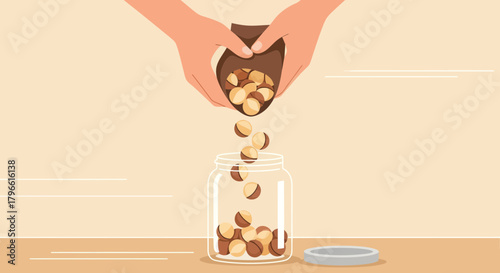 Hands Pouring Nuts Into A Jar, Illustration Depicting Food Storage And Preservation