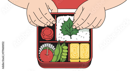 Hands Preparing A Colorful Bento Box Full Of Food With Various Components