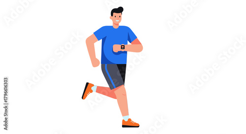 Healthy Male Jogger Monitoring Fitness Metrics on Smartwatch in Motion