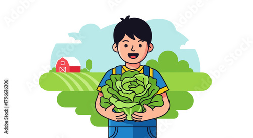 Happy Farmer Presenting A Large Cabbage Harvest With Lush Green Fields Behind