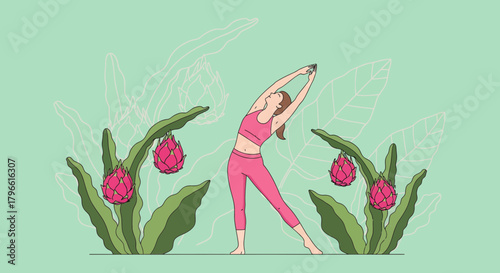 Healthy Living and Yoga Practice Amidst Exotic Dragon Fruit Plants With Natural Scene