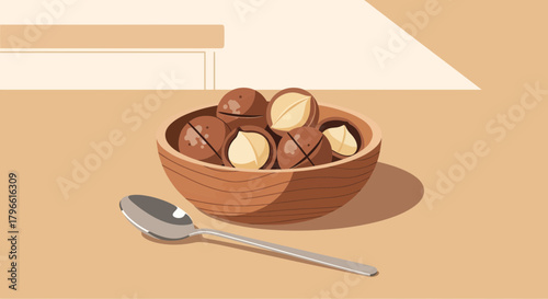 Healthy Macadamia Nuts In A Wooden Bowl Near A Metallic Spoon And Table