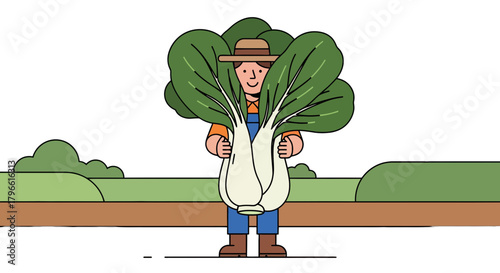 Happy Farmer Presenting Fresh Bok Choy Harvest in a Simple, Flat Illustration Style