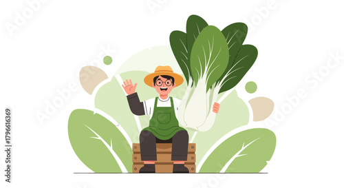 Happy Farmer Showing Fresh Produce from His Organic Garden With Bok Choy