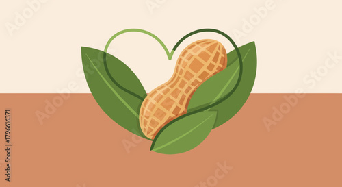 Healthy Peanut Illustration With Green Leaves And A Heart Shape Design