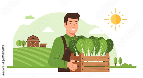Happy Farmer Presenting Freshly Harvested Produce From His Lush Green Farm Fields