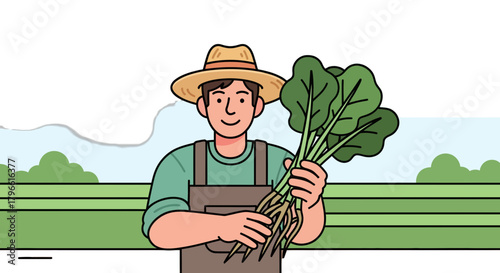 Happy Farmer Presenting Freshly Harvested Plants from a Picturesque Field Environment