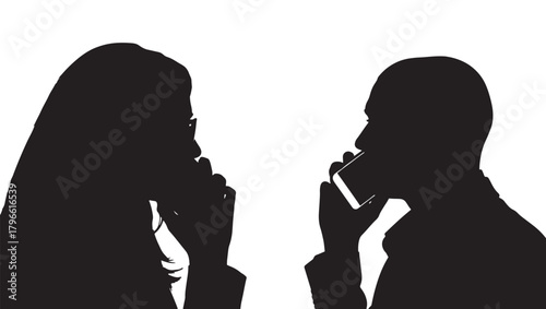 Silhouettes of a man and a woman in conversation using mobile phones.