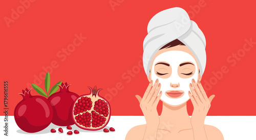 Healthy Skincare Routine: Woman Applying Face Mask with Pomegranate Fruit for Wellness