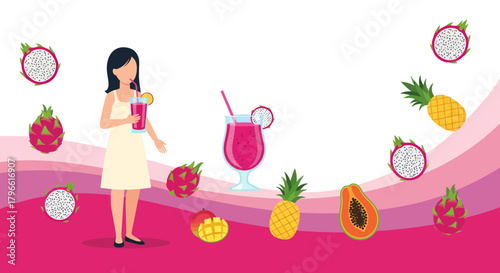 Healthy And Refreshing Drinks With Exotic Fruits And A Smiling Woman Illustration