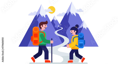 Hikers Ascending Mountain's Trail During Evening With Vast Beautiful Mountain Views