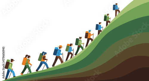 Hikers Ascending Mountain Slope Depicting Endurance, Progress, And Determination In Nature