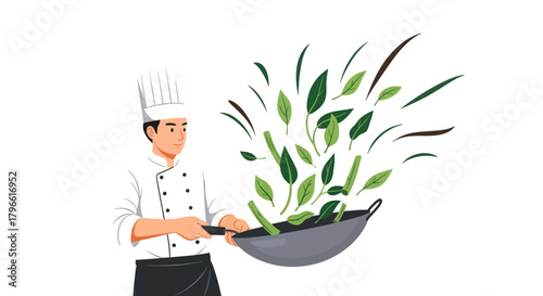 Healthy Cooking: Chef Tossing Fresh Green Vegetables In A Wok, Vector Art on Black Background