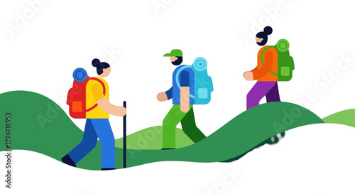 Hikers Ascending Scenic Green Slopes Against a Deep Black Backdrop Under the Night Sky