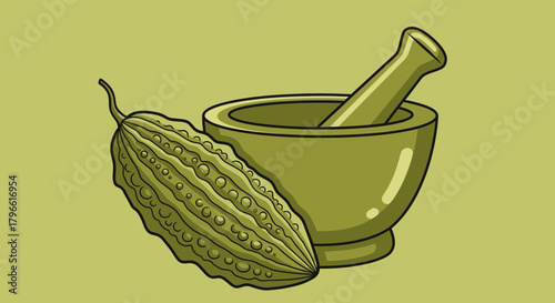 Healthy Culinary Preparation: Bitter Gourd And Mortar, Freshly Ground Ingredients Image