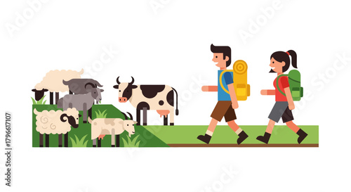 Hikers Encountering Farm Animals While Exploring Nature, Vector Illustration Concept