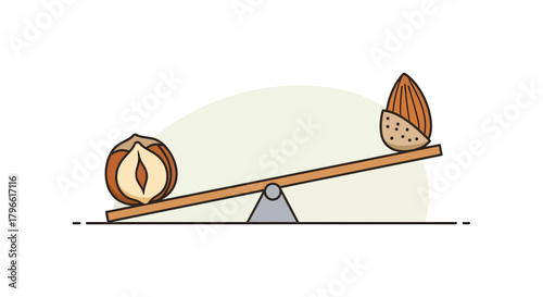 Healthy Food Balance: Hazelnut and Almond on a Seesaw Representing Weight and Nutrition