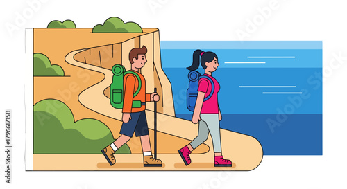 Hikers Enjoying Scenic Trails Alongside the Ocean on a Beautiful Outdoors Adventure