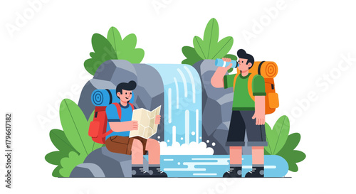 Hikers Enjoying Refreshments Near a Waterfall, Following Their Travel Map in Nature's Beauty