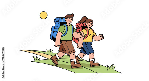 Hikers Enjoying Nighttime Adventure On Mountain Journey, Hiking Travel Illustration