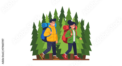 Hikers Explore Trails Through Forest, Backpacking Together, Enjoying Nature Outdoors