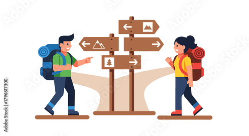 Hikers Navigating Destinations Choosing Adventure Paths With Directional Wooden Signpost