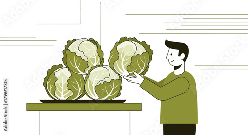 Healthy Food Seller Showcasing Fresh Cabbages, Vegetables Presentation And Illustration.