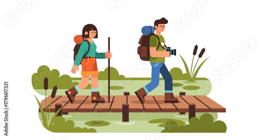 Hikers Navigating The Wooden Bridge Across The River In A Peaceful Environment