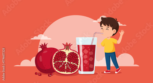 Healthy Kid Enjoying Pomegranate Juice in a Bright and Delightful Illustration