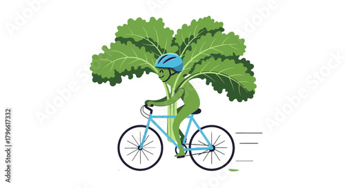 Healthy Green Cyclist Pedaling On Bicycle With Large Leafy Greens Against Black Background