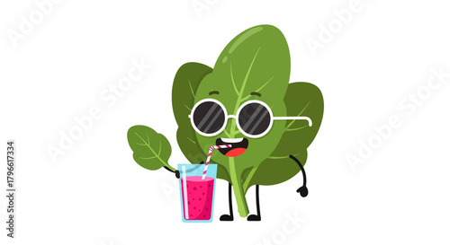 Healthy Leaf Character Enjoys Smoothie, Conceptualizing Freshness and Wellness on Black