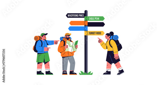 Hikers Navigating Their Route Choosing Destination Near Signpost In Nature