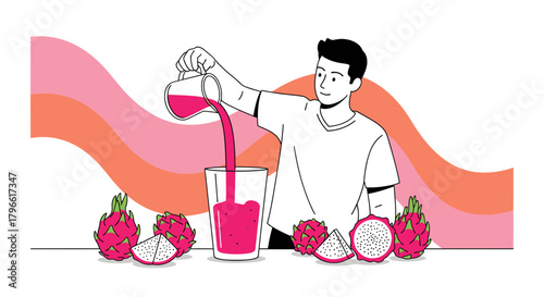 Healthy Lifestyle: A Person Making a Dragon Fruit Smoothie in Bright Illustration