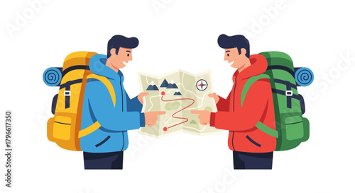 Hikers Exploring A Topographic Map To Plan A Voyage Through Uncharted Wilderness